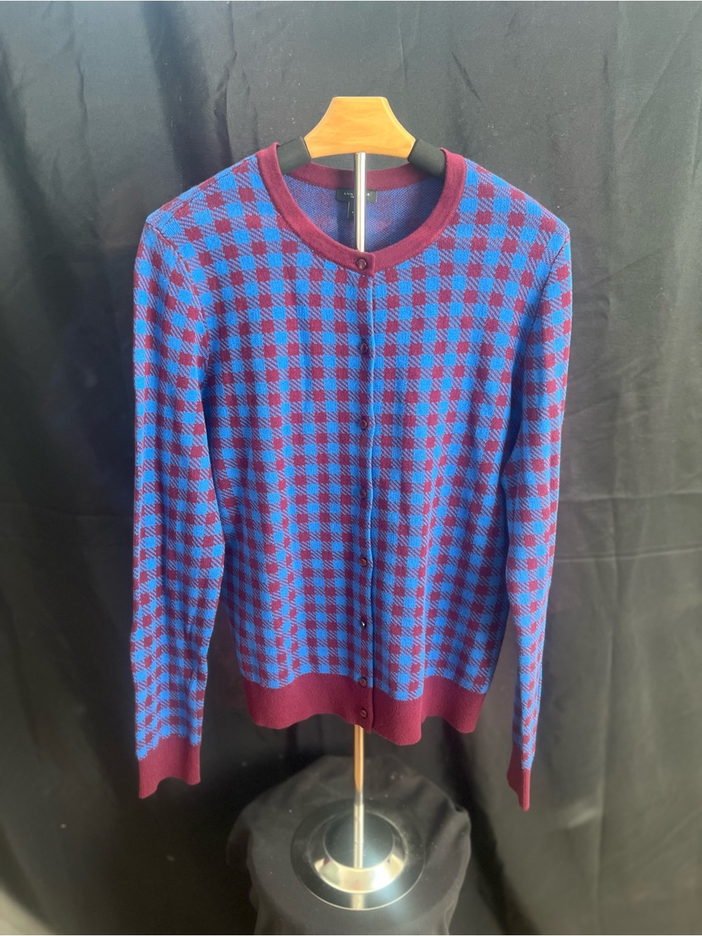 Ann Taylor Factory Blue & Burgundy Checked Crewneck Cardigan Sweater